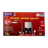 Sogo instant water heater packaging with product details on a red background