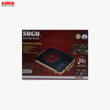 Black induction cooktop with gold accents on a white background, featuring the SOGO brand.