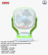 Portable fan with green and white design on a white background, featuring Sogos home store branding.