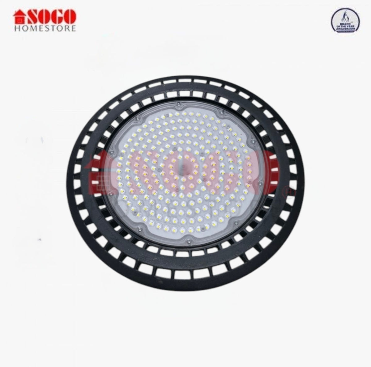 Round industrial light fixture with Sogo Homestore branding on a white background