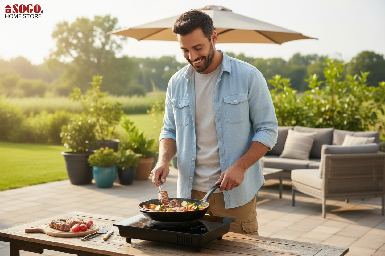 Black induction cooktop with gold accents on a white background, featuring the SOGO brand.