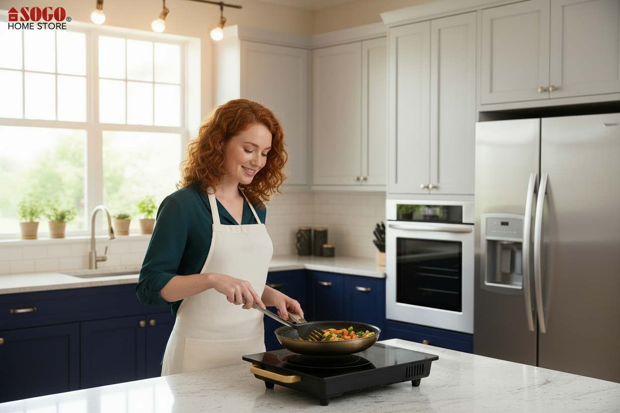 Black induction cooktop with gold accents on a white background, featuring the SOGO brand.