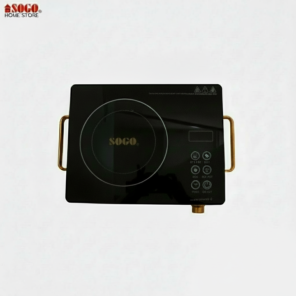 Black induction cooktop with gold accents on a white background, featuring the SOGO brand.