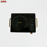 Black induction cooktop with gold accents on a white background, featuring the SOGO brand.