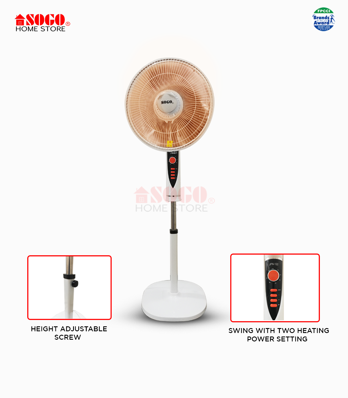 Standing fan with heating function on a white background, featuring height adjustable screw and remote control.