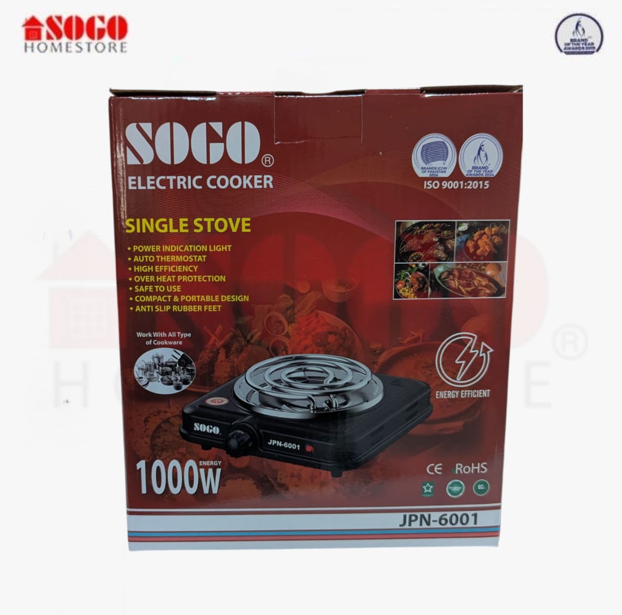 Sogo electric cooker packaging with product details on a white background