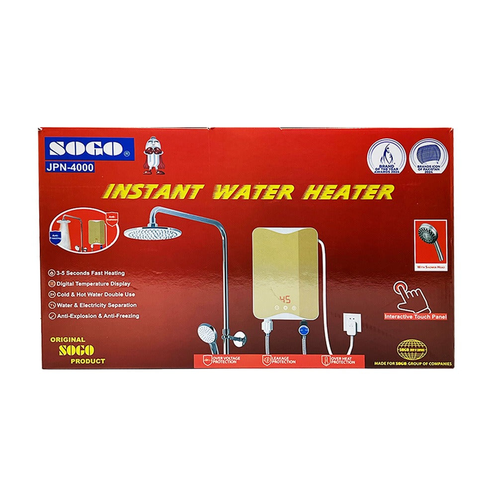 Sogo instant water heater packaging on a white background