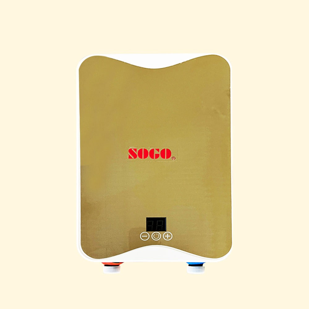 Gold-colored electronic device with Sogo logo on a beige background