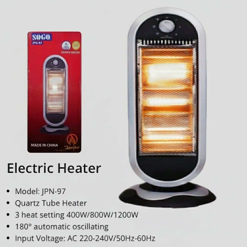 Sogo Electric heater Jpn-97 with packaging on a gray background