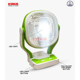 Portable fan with LED light on a white background, featuring Saga Home Store branding.