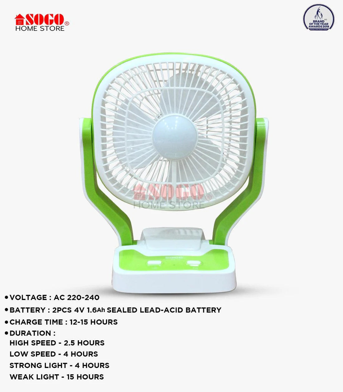 Portable fan with green and white design on a white background, featuring Sogos home store branding.