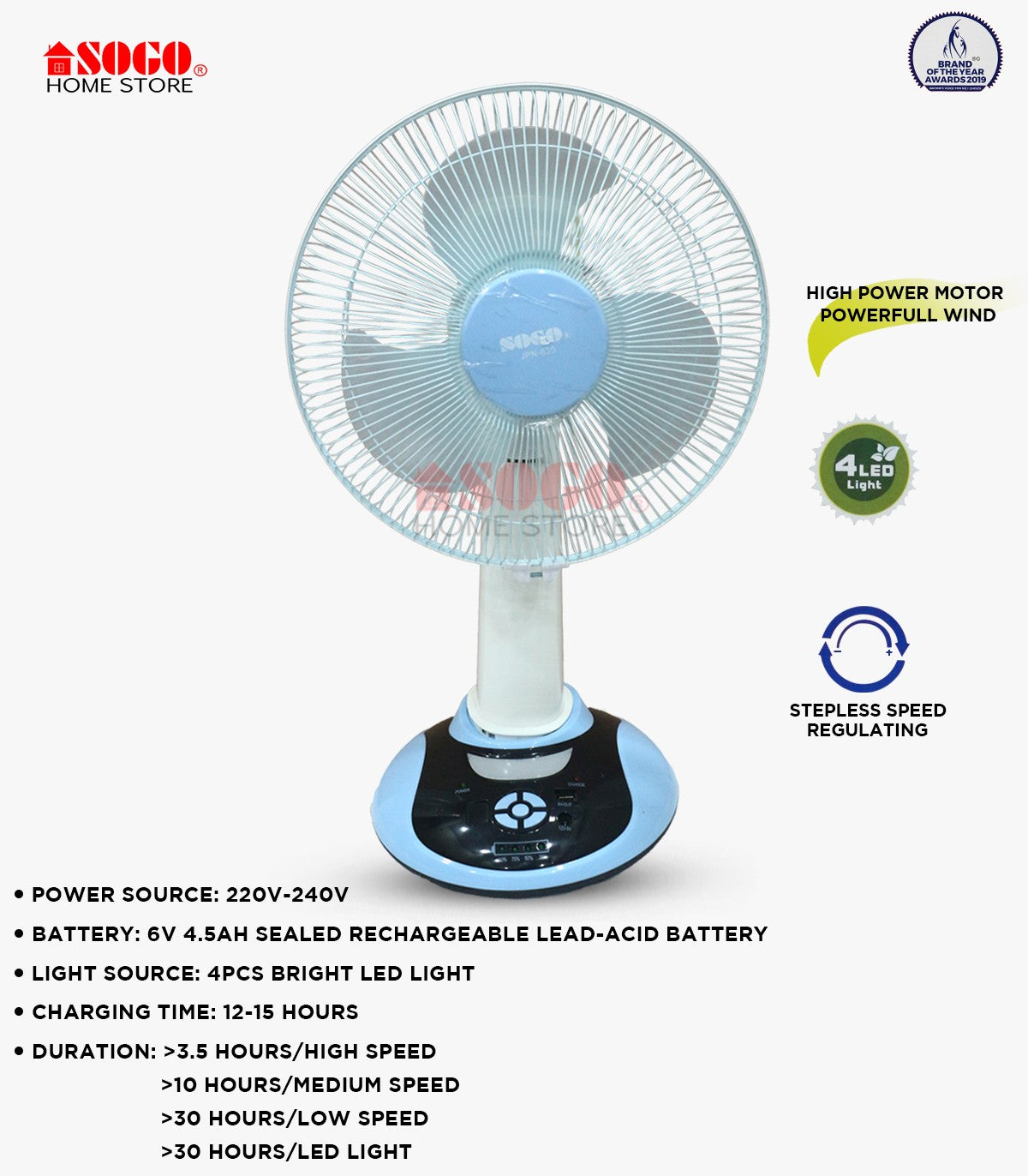 Sogo Rechargeable Table/Desk Fan (JPN-630)
